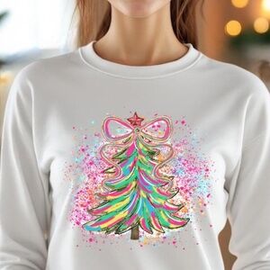 Christmas T-shirt Whimsical tree Pink S M L XL soft fun New Custom made White*